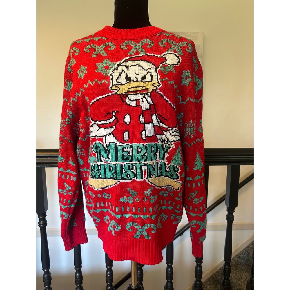 Disney Donald Duck Ugly Christmas Sweater Red Teal Mens XL Holiday Knit